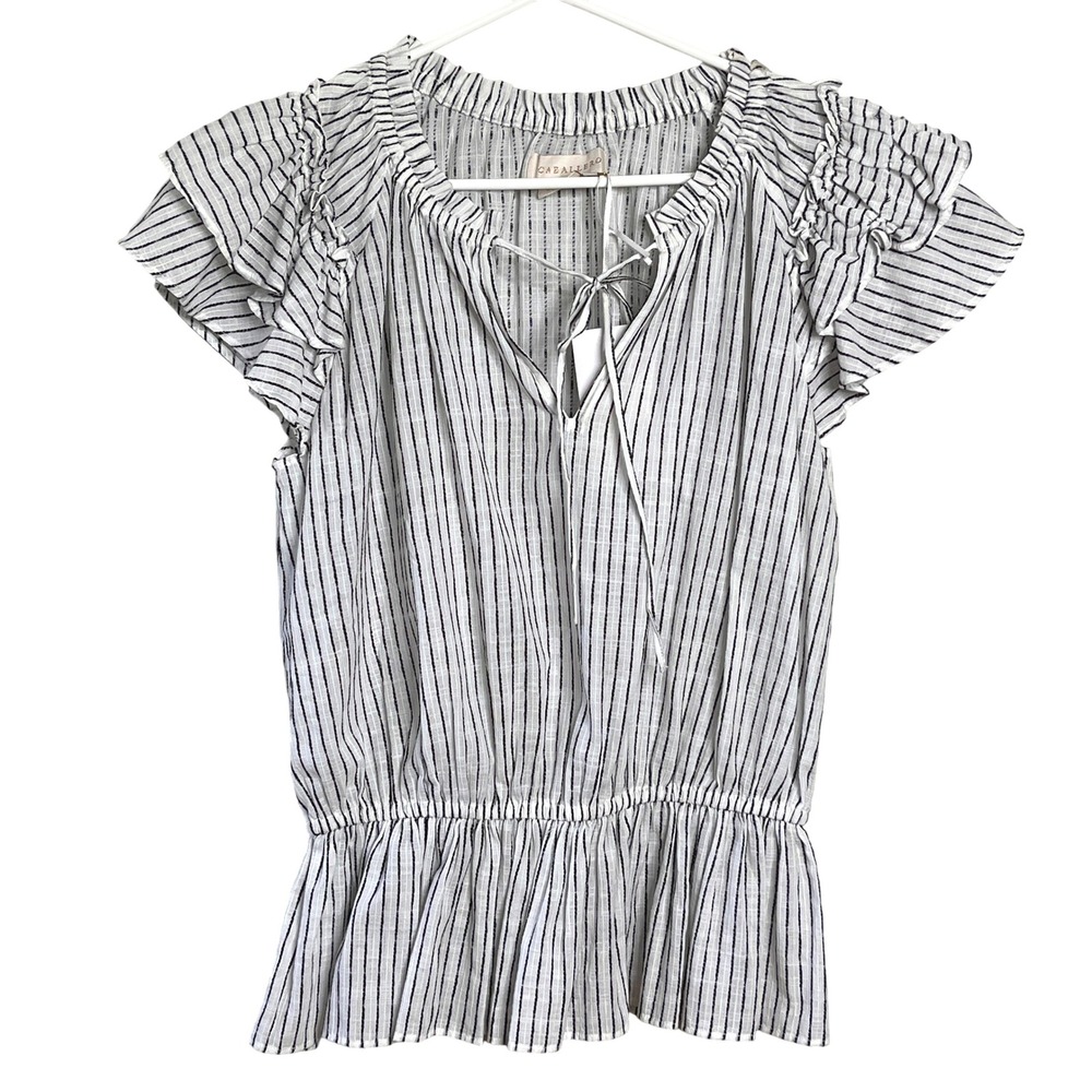Caballero Harper Top Peplum Striped Ruffle Sleeve Tie Neck White Black Size S - Picture 3 of 9
